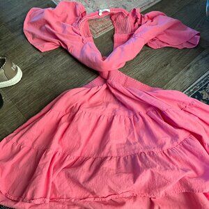 Shy Velvet Dress Womens L Crossover Cut Out Waist Mini Summer Square Neck Pink